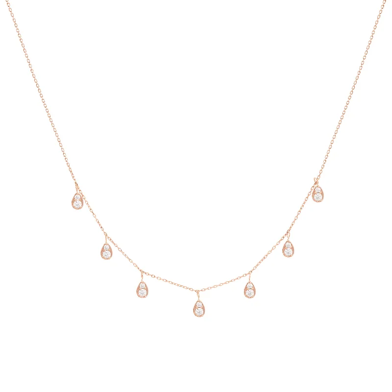 Simple Beaded Necklace-Dangling Pear 18K Rose Gold Necklace w. Diamonds