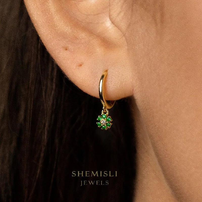 Large Drop Earrings-Tiny Emerald Flower CZ Drop Hoop Earrings, Flower Dangle Huggies, Gold, Silver SHEMISLI SH533