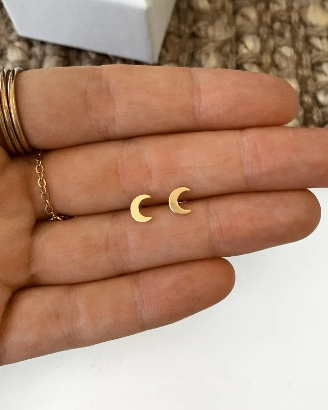 Dainty Gold Earrings-Moon Stud Earrings - 14k Yellow Gold Fill