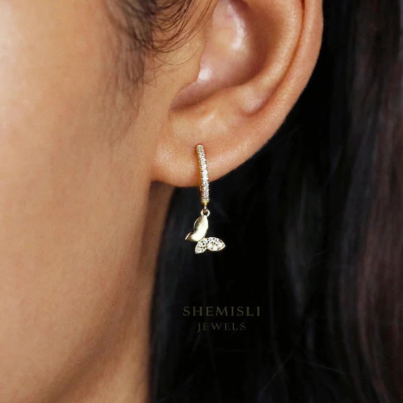 Modern Bridal Earrings-Butterfly CZ Hoop Dangle Earrings, Drop Huggies, Gold, Silver SHEMISLI SH106 LR