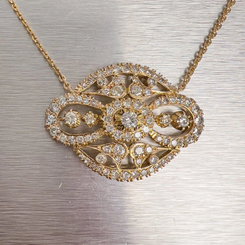 Bridal Necklace for Wedding Day-Antique 14k Yellow Gold Diamond Large Pendant Necklace 20" 3.98ctw G VS2 17.9g