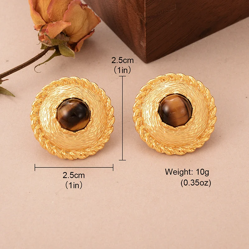 Cute Animal Earrings-1 Pair Elegant Vintage Style French Style Round Oval Copper Tiger Eye 18k Gold Plated Ear Studs