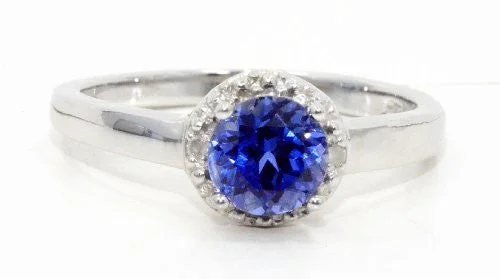 Personalized Engagement Ring-1 Ct Created Blue Sapphire & Diamond Round Ring .925 Sterling Silver Rhodium Finish