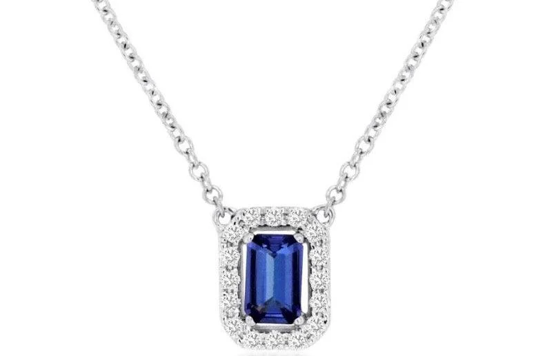 Bridal Necklace with Pearls-14k white gold emerald cut tanzanite diamond halo 18" necklace