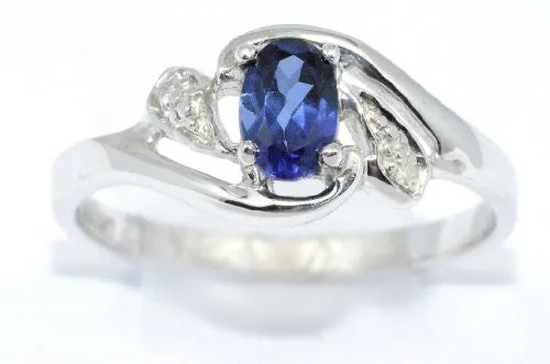 Custom Diamond Wedding Band-0.50 Ct Created Blue Sapphire & Diamond Oval Ring .925 Sterling Silver Rhodium Finish