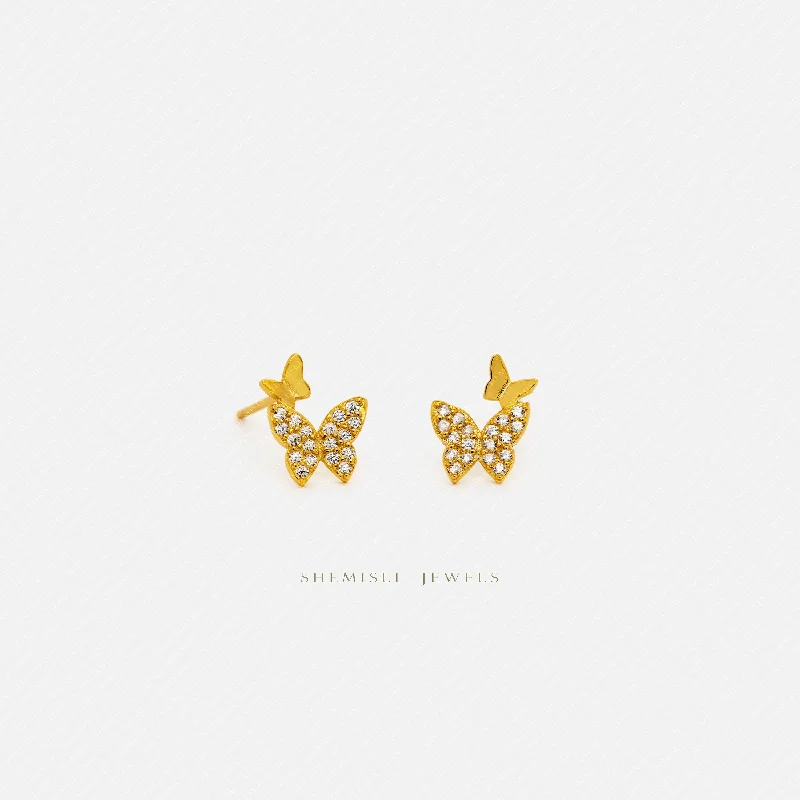 Unique Design Earrings-Two Butterflies Studs Earrings, Gold, Silver SHEMISLI - SS097 LR