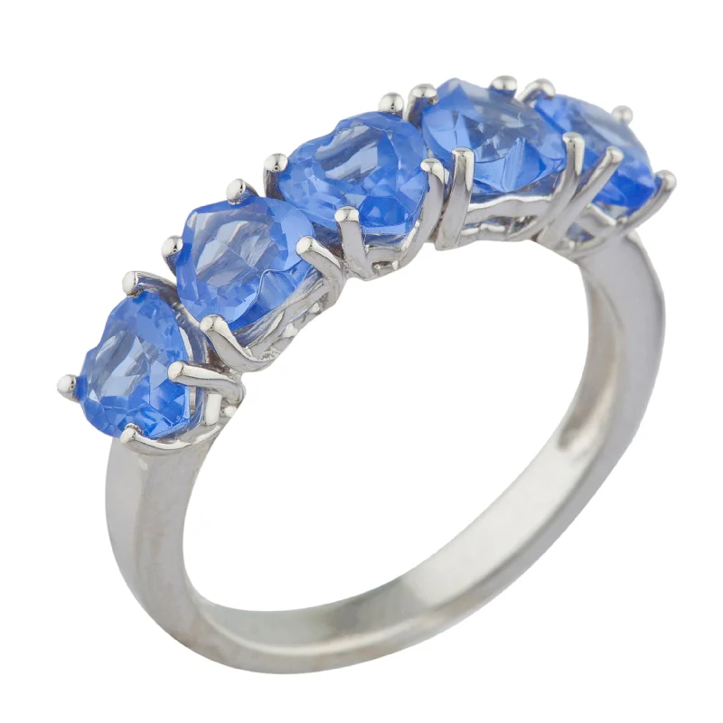 Stunning Wedding Ring Set for Women-5 Hearts Tanzanite Heart Ring .925 Sterling Silver Rhodium Finish