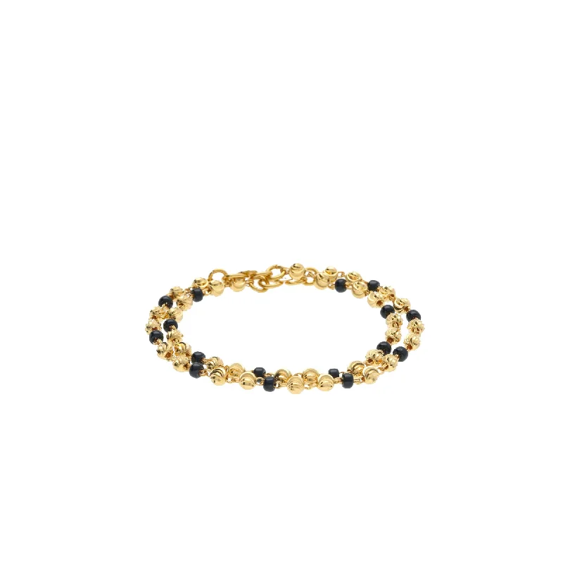 Classic Gold Tennis Bracelet-22K Yellow Gold Baby Bracelets Set of 2 W/ Swirl-Gold Balls & Black Beads, 5.7 grams