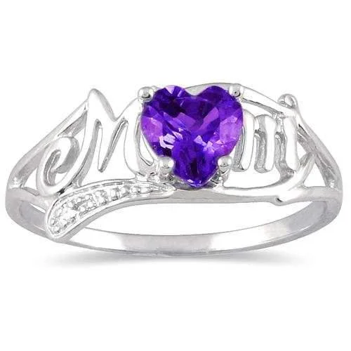 Bridal Engagement Ring-.50 Ct Amethyst Heart & Diamond Mom Ring .925 Sterling Silver Rhodium Finish