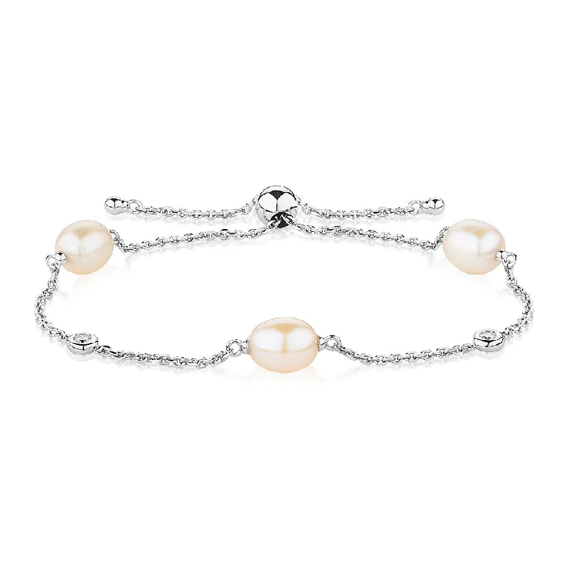 Silver Charm Bracelet-Cultured freshwater pearl slider bracelet in sterling silver