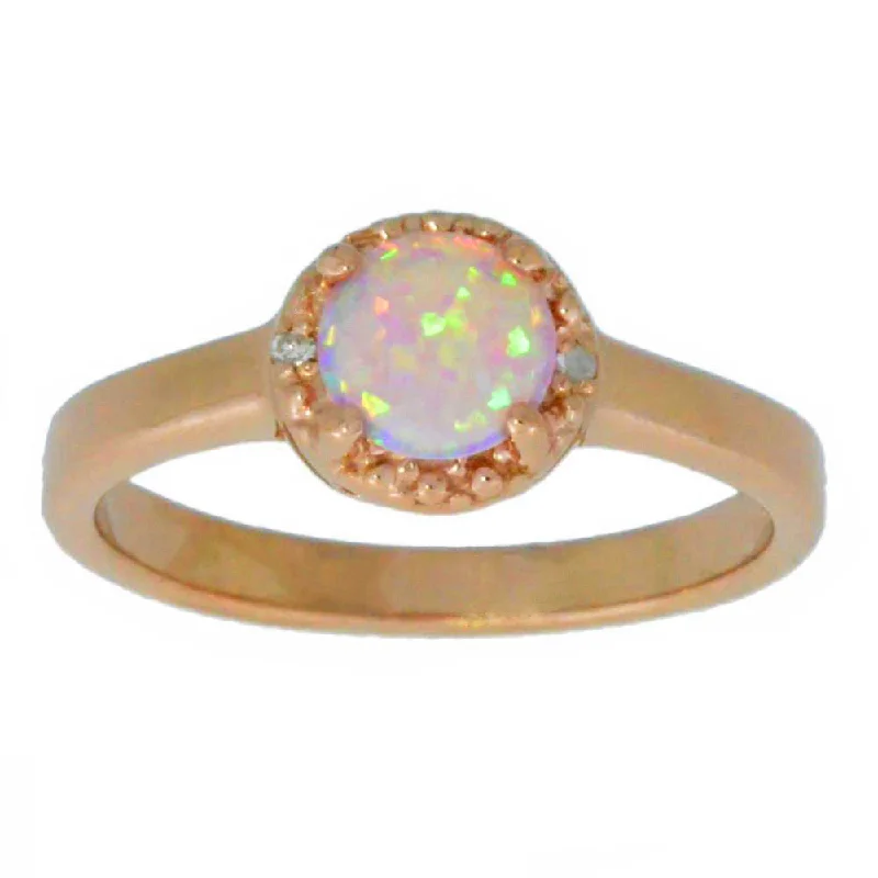 Custom Name Ring-14Kt Rose Gold Plated Pink Opal & Diamond Round Ring