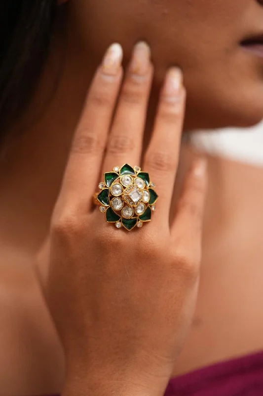 Sparkling Gold Engagement Ring-Sai Polki Floral Emerald Meena Cocktail Polki Ring | Adjustable