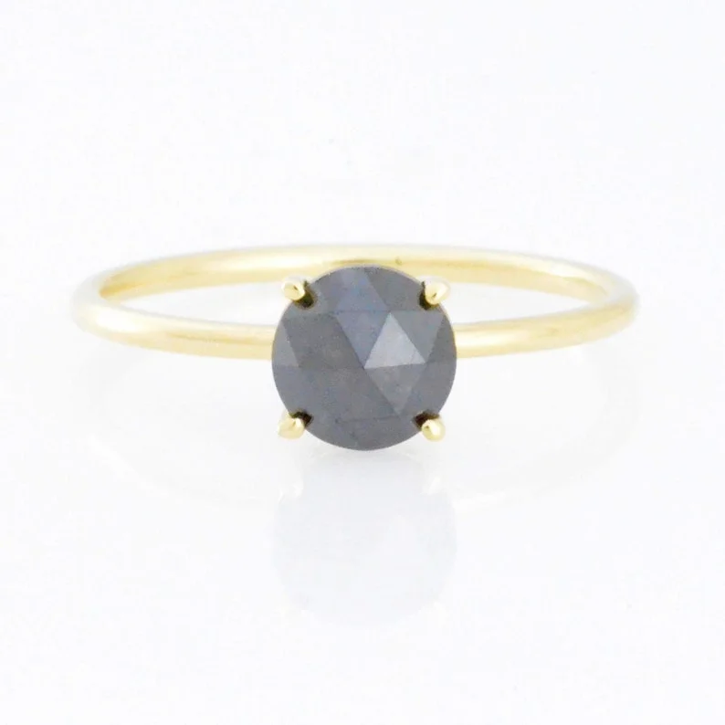 Classic Silver Wedding Ring-14Kt Gold 0.96 Ct Natural Rose Cut Black Diamond Ring