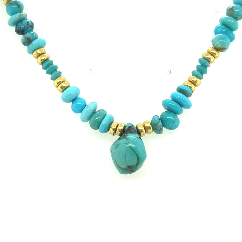 Personalized Necklace for Bride-Turquoise Nugget & 18k Yellow Gold Bead Necklace