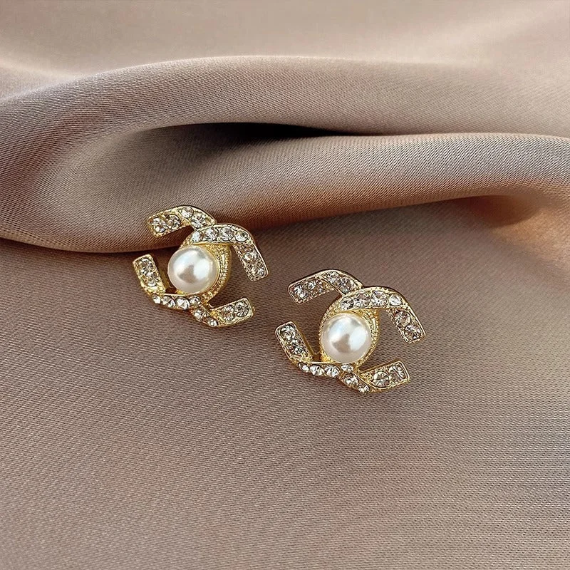 Double C Pearl Diamond Stud Earrings