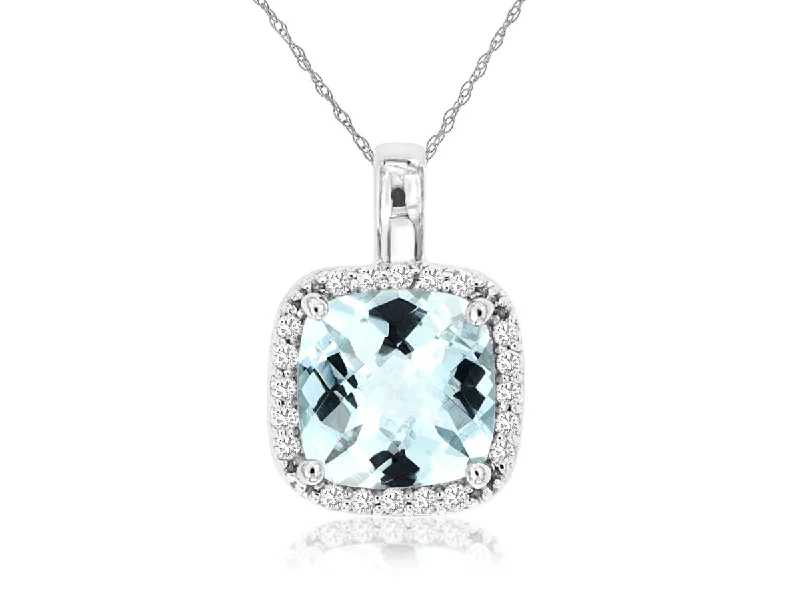 Gorgeous Pearl Necklace-Cushion Cut Aquamarine Diamond Halo Necklace