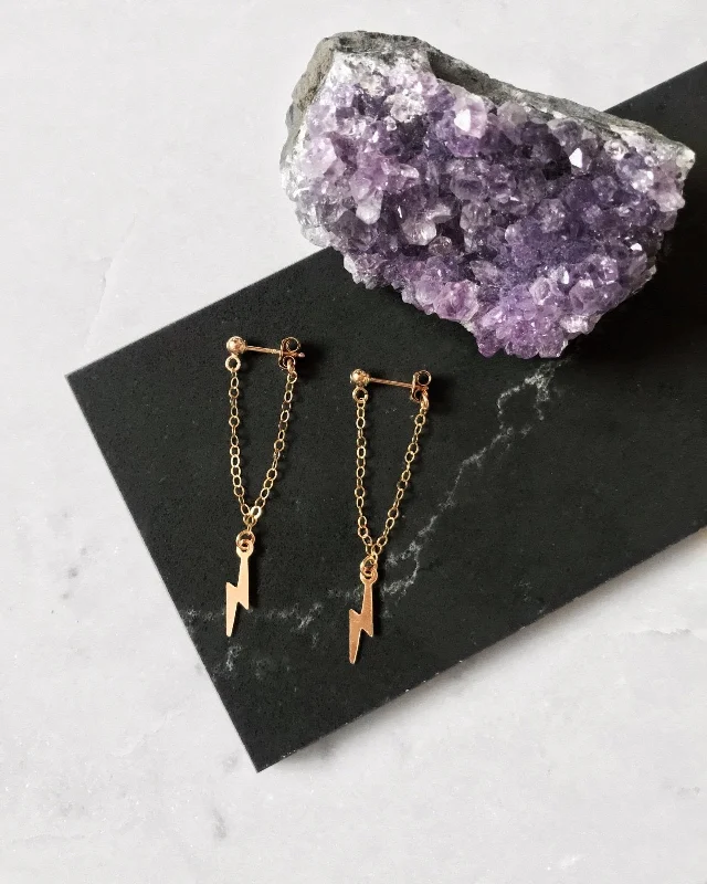 Cute Animal Earrings-Lightning Bolt Long Chain Stud Earrings - 14k Yellow Gold Fill