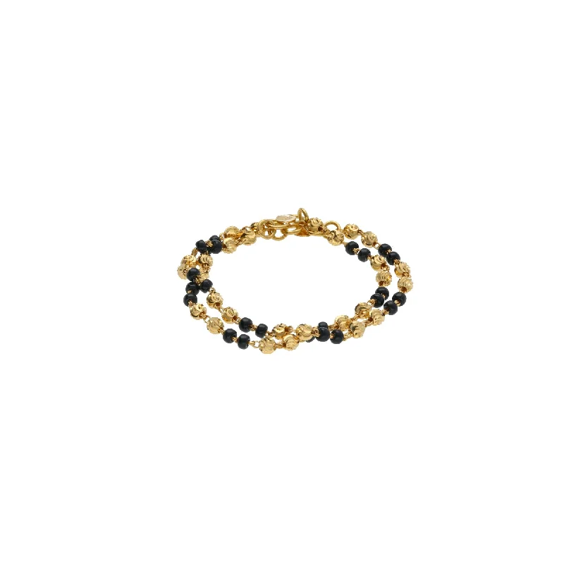 Unique Pearl Bracelet-22K Yellow Gold Baby Bracelets Set of 2 W/ Swirl-Gold Balls & Black Beads, 7.2 grams