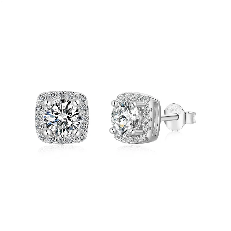 Antique Style Earrings-Diamond Square Halo Earrings | S925 | CZ