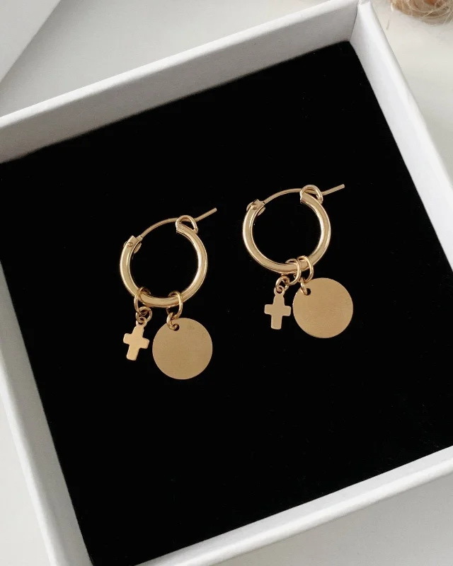 Luxury Earrings for Wedding-Cross Coin Thick Hoop Earrings  - 14k Yellow Gold Fill