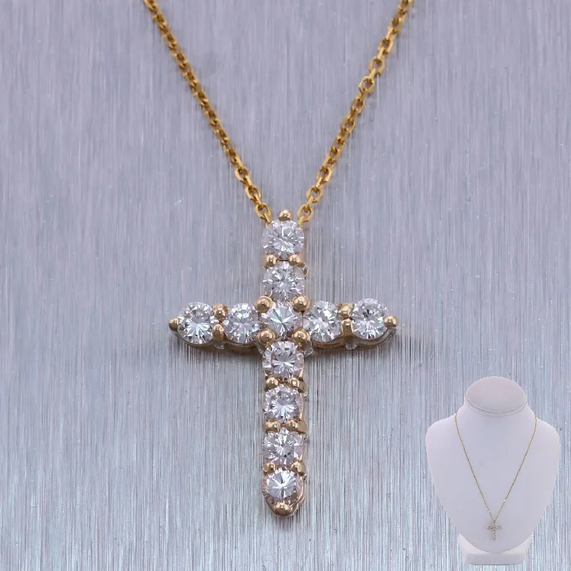 Elegant Crystal Necklace-Modern 14k Yellow Gold 1.10ctw Diamond Cross 20" Necklace