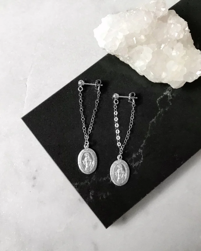 Diamond Dangle Earrings-Miraculous Medal Long Chain Stud Earrings - Sterling Silver