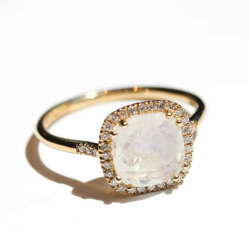 Bridal Engagement Ring-Rainbow Moonstone Cushion Halo Ring