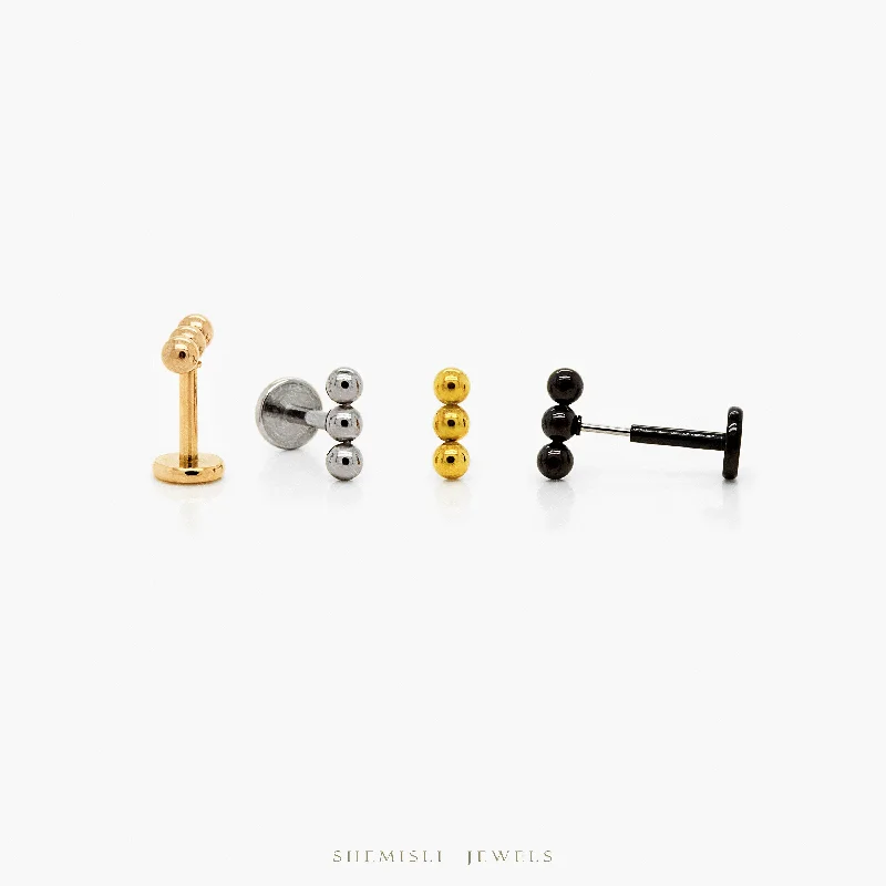 Dainty Gold Earrings-Tiny 3 beads Threadless Flat Back Earrings, 20,18,16ga, 5-10mm Unisex, Surgical Steel SHEMISLI SS593