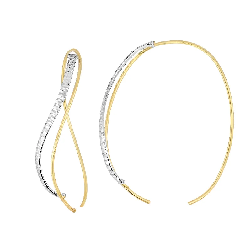 Stunning Wedding Earrings-14k Yellow And White Gold Diamond Cut Single Tube Into Double Oval Hoop Earrings