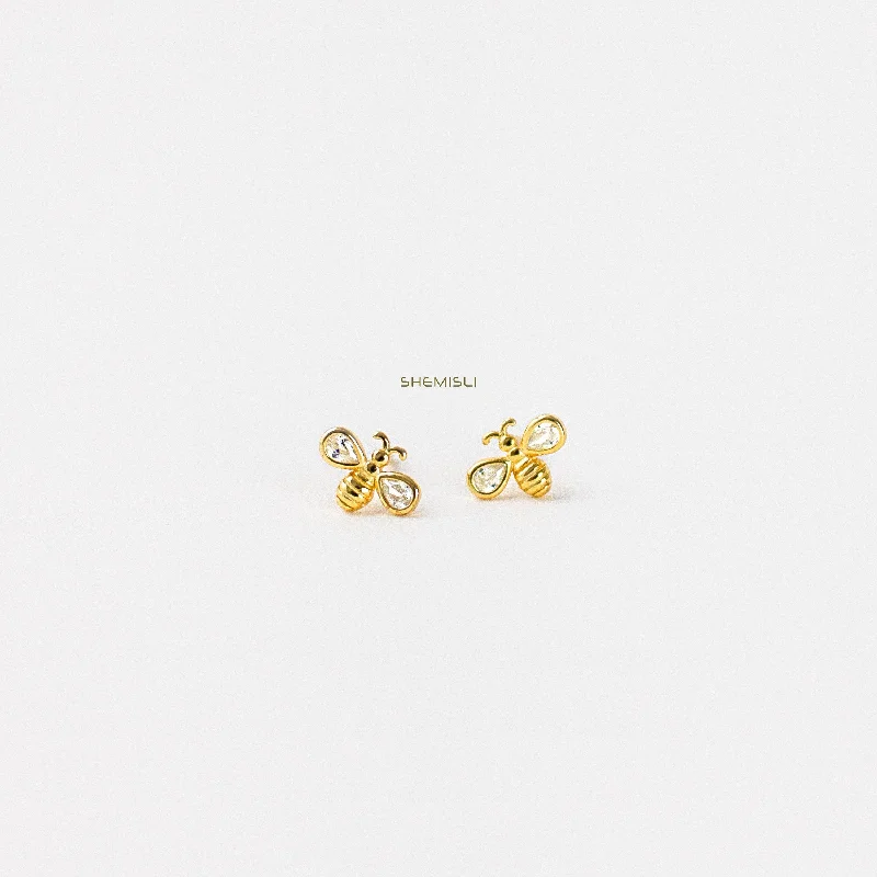 Wedding Earrings with Crystals-Bee CZ Studs Earrings, Gold, Silver SHEMISLI - SS044 Butterfly End, SS361 Screw Ball End (Type A)