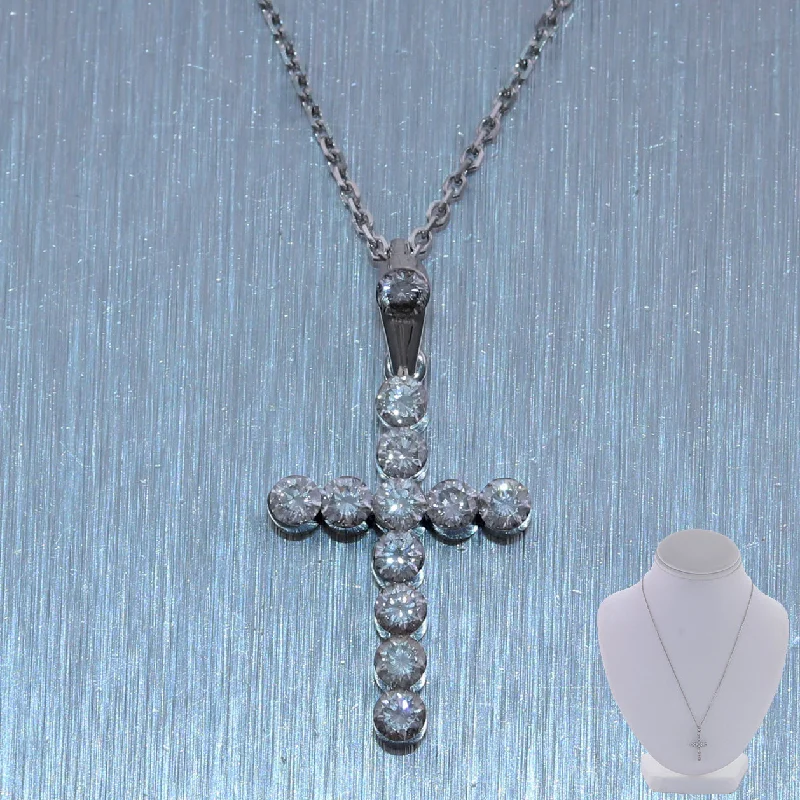 Boho Style Necklace-Modern 14k White Gold 0.85ctw Diamond Cross 18" Necklace