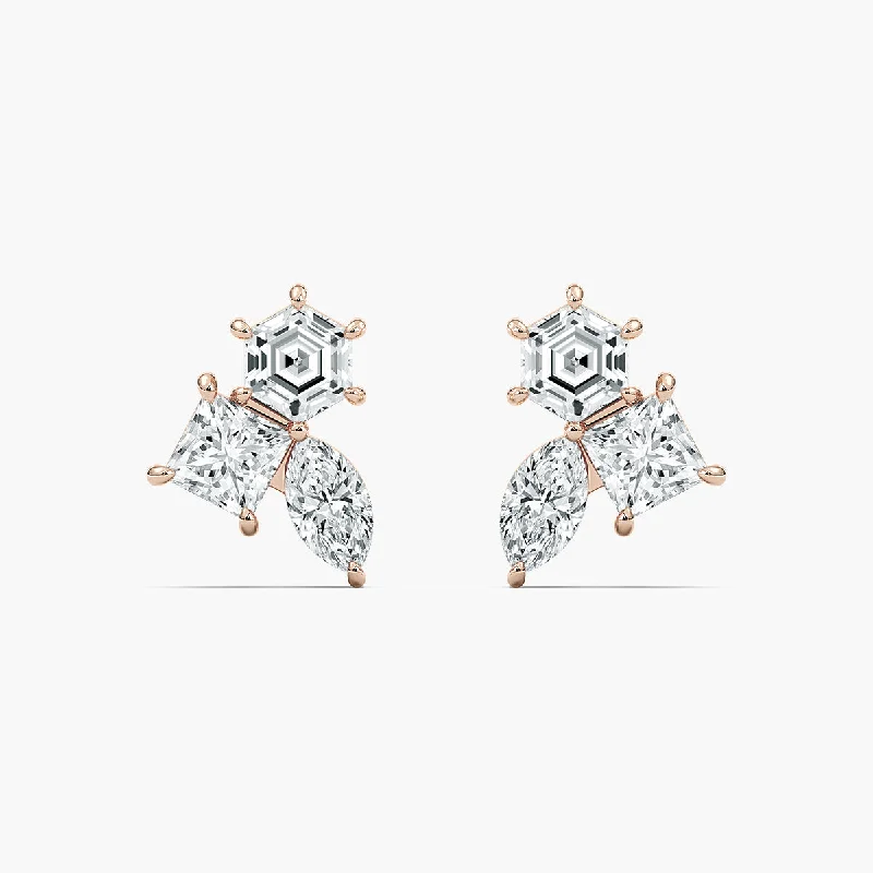 Pearl Earrings for Bride-Three Stone Stud Lab Grown Diamond Earrings - Hexagon, Marquise And Lozenge