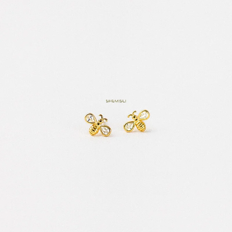 Rose Gold Hoop Earrings-Bee CZ Studs Earrings, Gold, Silver SHEMISLI - SS044 Butterfly End, SS361 Screw Ball End (Type A)