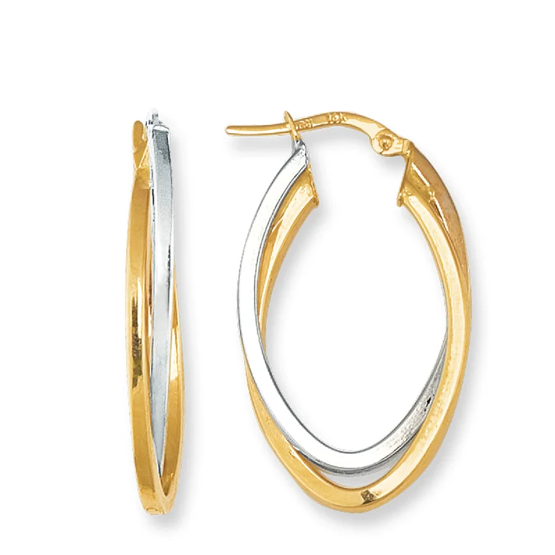 Modern Gold Earrings-14K Yellow And White Gold Oval Shape Two Tone Double Row Hoop Earrings