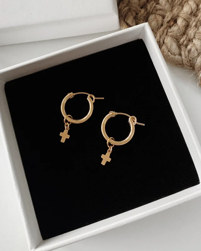 Bohemian Style Earrings-Small Cross Thick Hoop Earrings