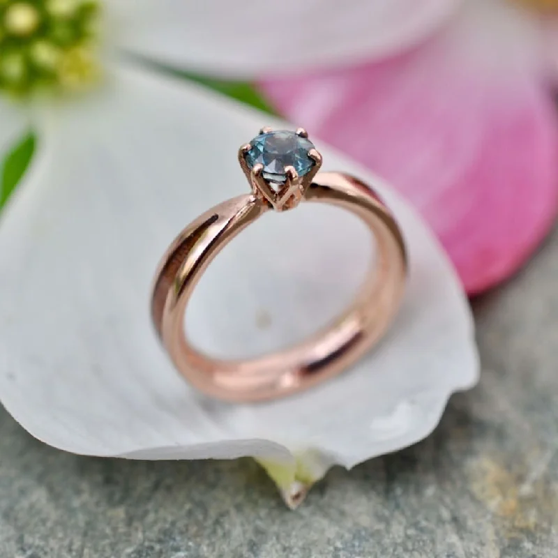 Designer Wedding Ring for Women-Aquamarine Solitaire Rose Gold Engagement Ring with Dogwood Wood