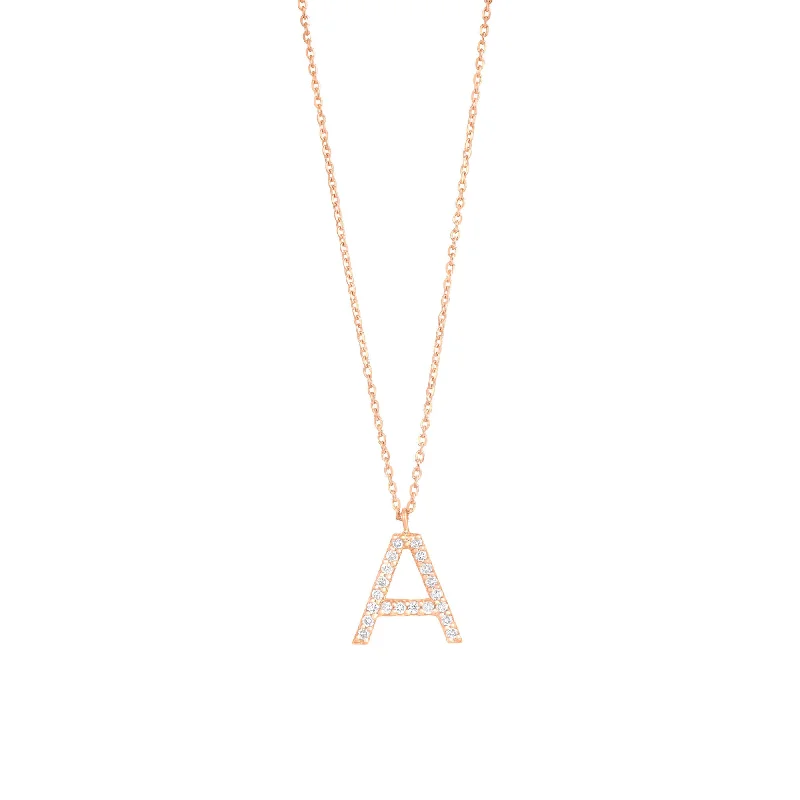 Luxury Beaded Necklace-Pave Letter A 18K Rose Gold Necklace w. Diamonds