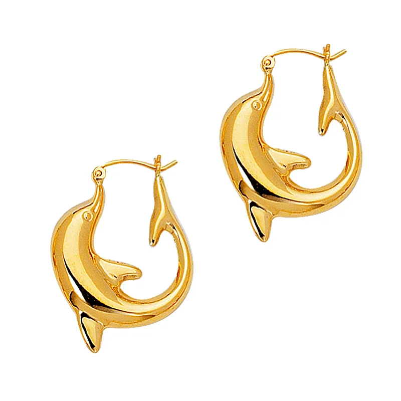 Customizable Wedding Earrings-14K Yellow Gold Shiny Dolphin Hoop Earrings, Diameter 22mm