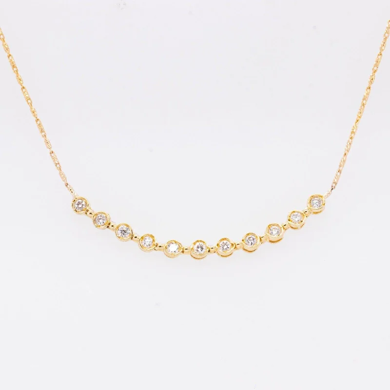 Vintage Silver Necklace-14k Yellow Gold Diamond 11 Stone Curved Bar Pendant Necklace 0.25ctw G VS2 18"