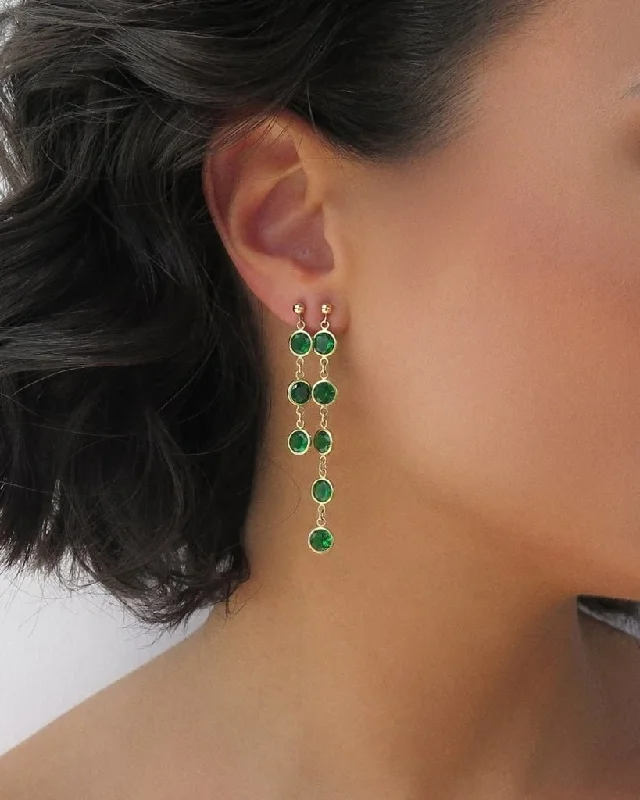 Hoop Earrings with Gemstones-Emerald CZ Waterfall Earrings - 14k Yellow Gold Fill