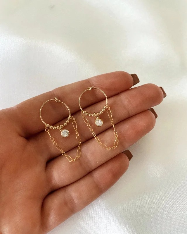 Trendy Silver Earrings-CZ Chain Hoop Earrings  - 14k Yellow Gold Fill