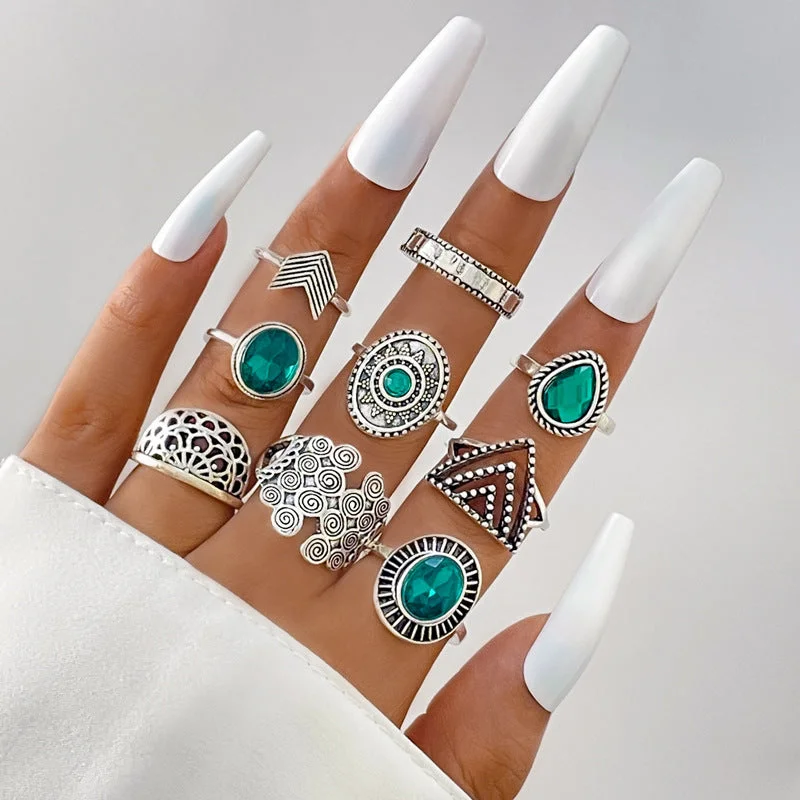 Wedding Rings for Couples-Retro Fan Shaped Water Drop Rhinestone Gems Geometry Triangle 9 Piece Ring Set Nhgy140097