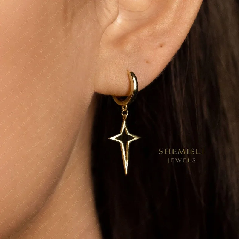 Charming Earrings for Women-Open 4 Point Star Hoop Earrings, Star Drop Huggies, Gold, Silver SHEMISLI - SH474