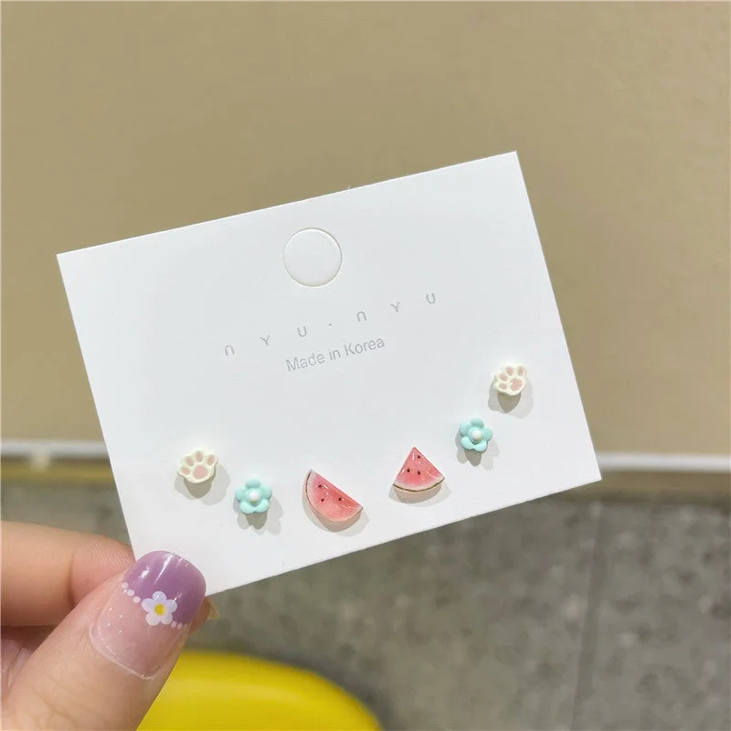 Geometric Earrings for Women-1 Set Cute Sweet Paw Print Flower Watermelon Plating Alloy Ear Studs