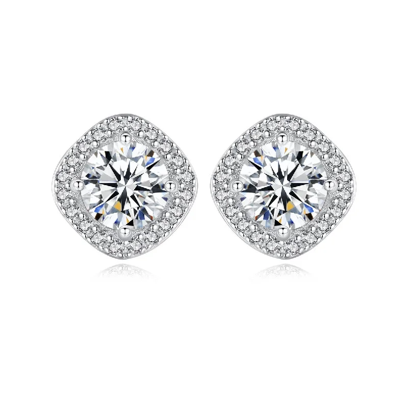 Crystal Hoop Earrings-1 Carat Square Halo Diamond Earrings | S925 | Moissanite