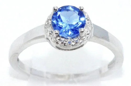 Trendy Gold Wedding Ring-1 Ct Tanzanite & Diamond Round Ring .925 Sterling Silver Rhodium Finish