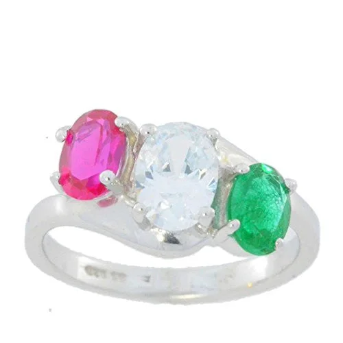 Fashionable Engagement Ring-Ruby White Sapphire & Emerald Oval Ring .925 Sterling Silver