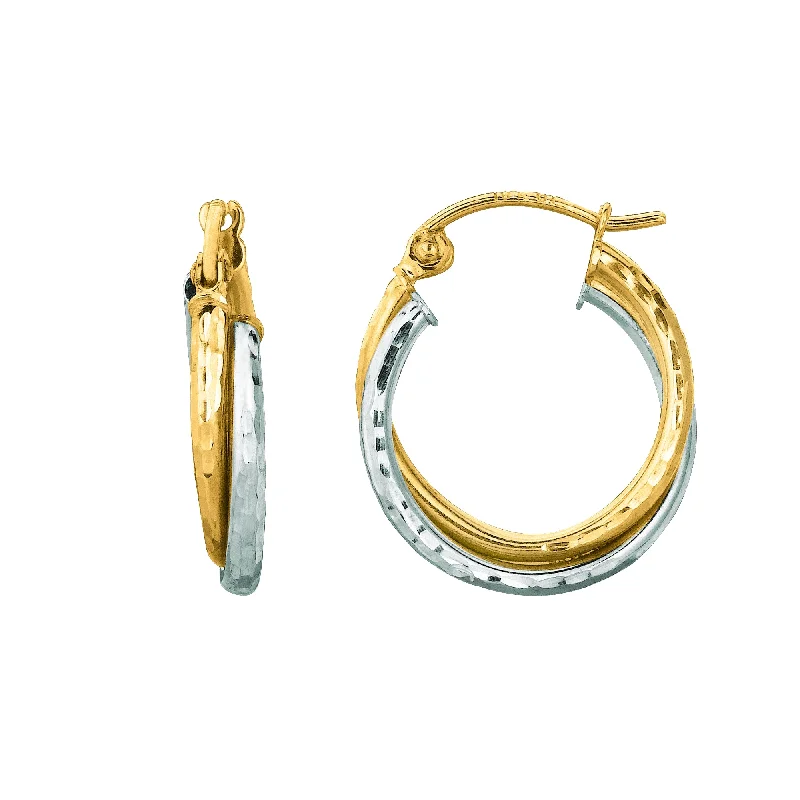 Affordable Gold Earrings-14K Yellow And White Gold Diamond Cut Double Row Hoop Earrings, Diameter 17mm